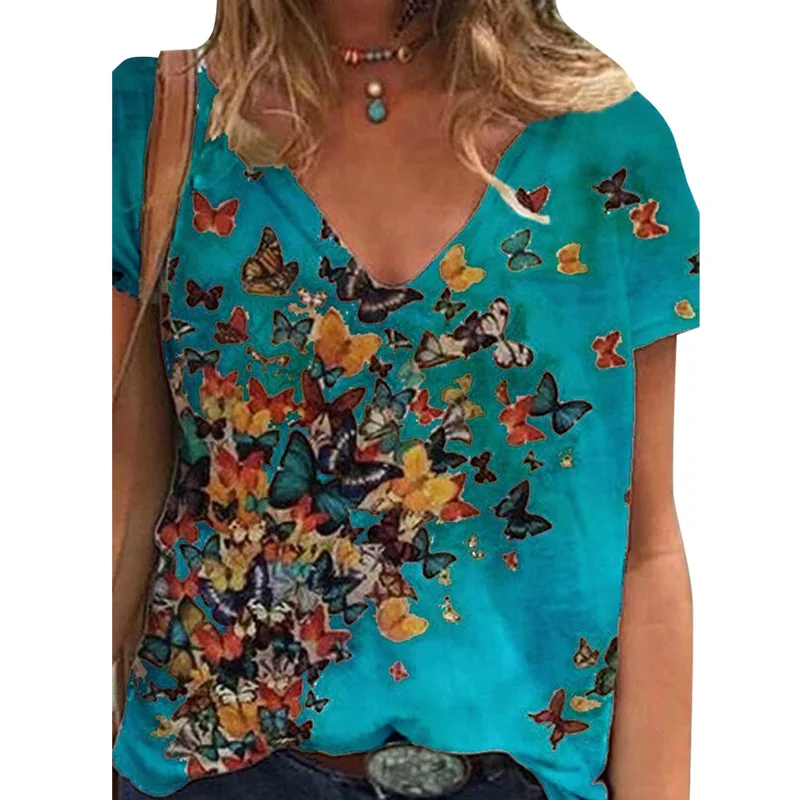 

Retro Women Butterfly Print Short Sleeve Tees Summer Ladies V Neck Baggy Shirts