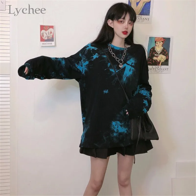 Lyhee Harajuku окрашенные женские топы футболки с О образным вырезом Сезон осень