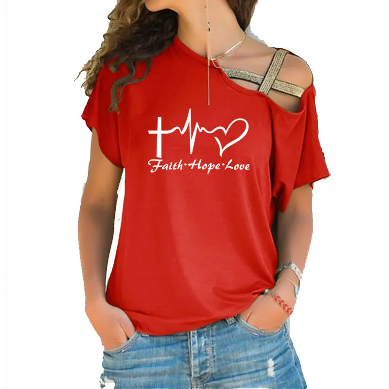 

Faith Hope Love Letters Print New Fashion Women Irregular Skew Cross Bandage Tshirt Funny Tee Woman Graphic Clothes T Shirts