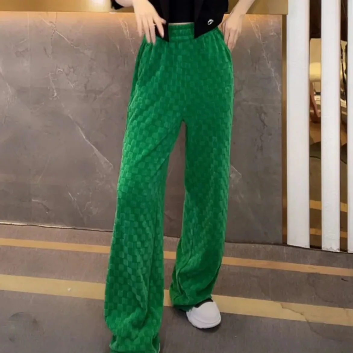 

Green Women Pants 2022 Fashion Jacquard Plaid High Waist Sweatpants Wide Leg Pants Casual Straight Drape Mopping Trousers