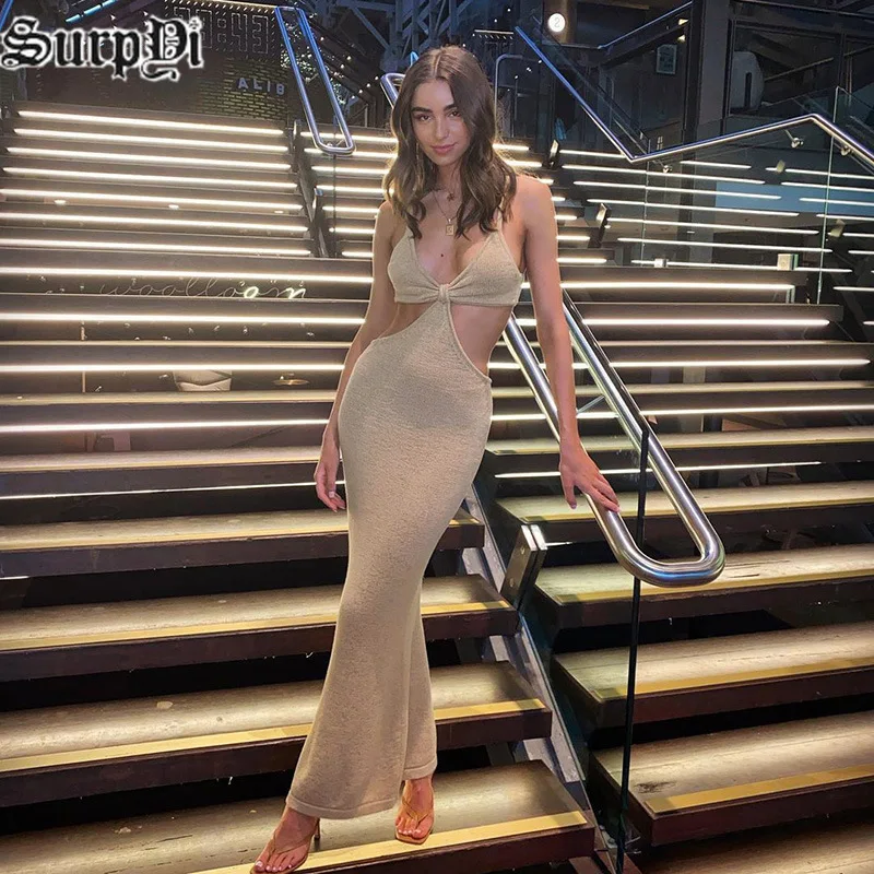 

Sexy Splicing Deep V-Neck Sleeveless Backless Dress Temperament Elegant Slim Hollow Out Sling Dresses Fashion Casual Vestido