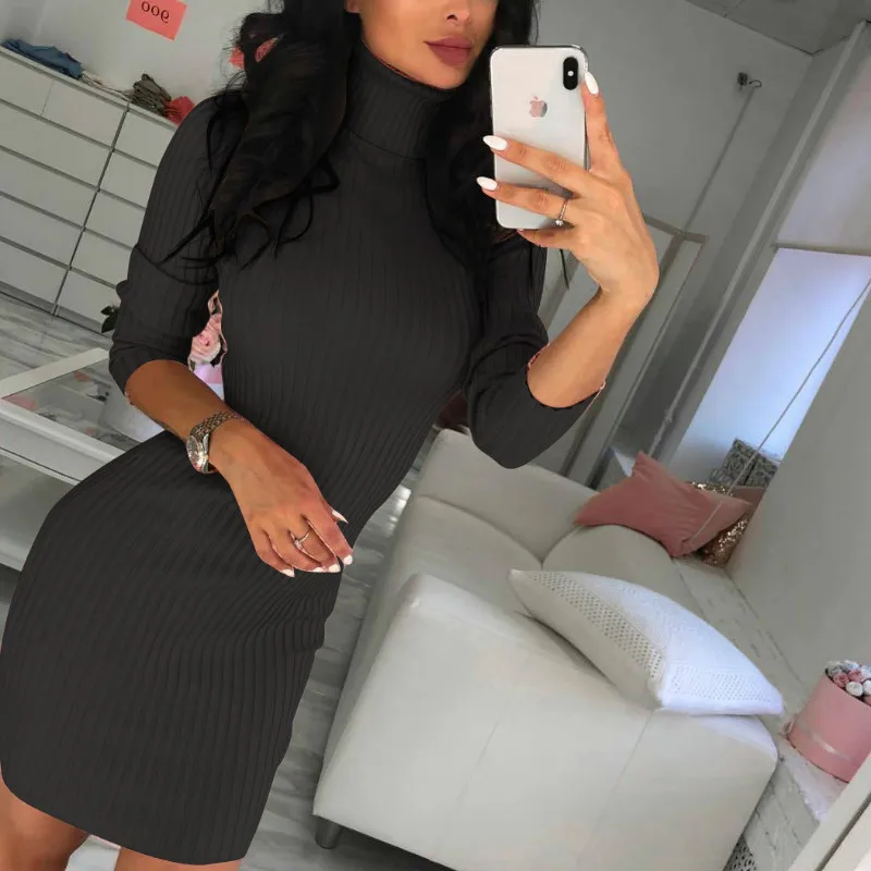 Повседневное черное серое красное элегантное женское платье с высоким воротом