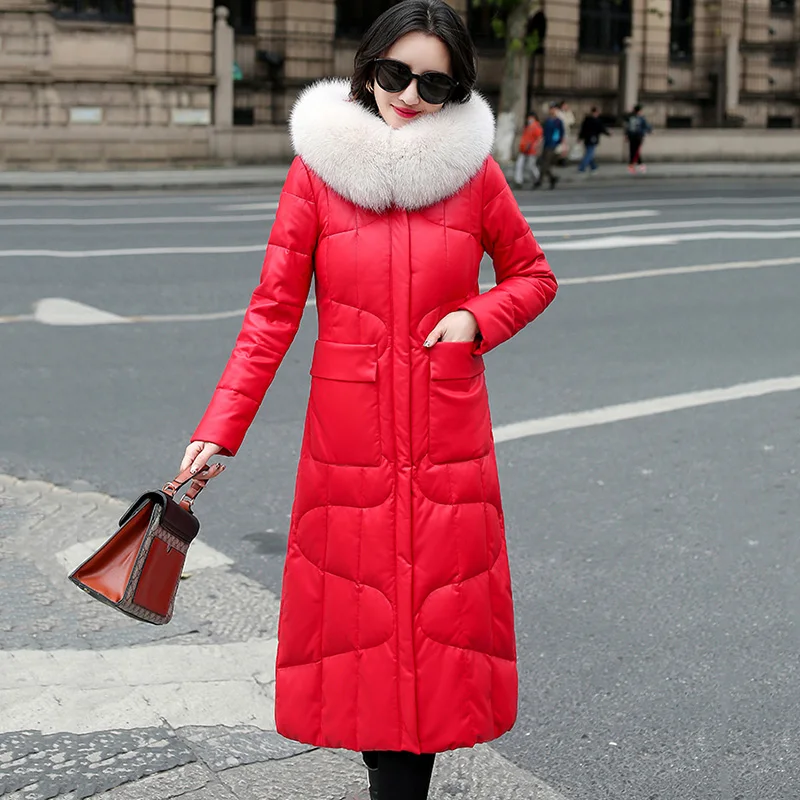 New Women Leather Down Jacket Autumn Winter 2022 Fashion Real Fox Fur Collar Hooded Slim Sheepskin Overcoat Long Down Coat