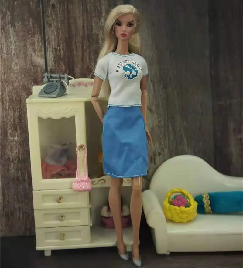 Модные с белой рубашкой Топ синяя юбка 11 5 Кукольный комплект одежды для куклы