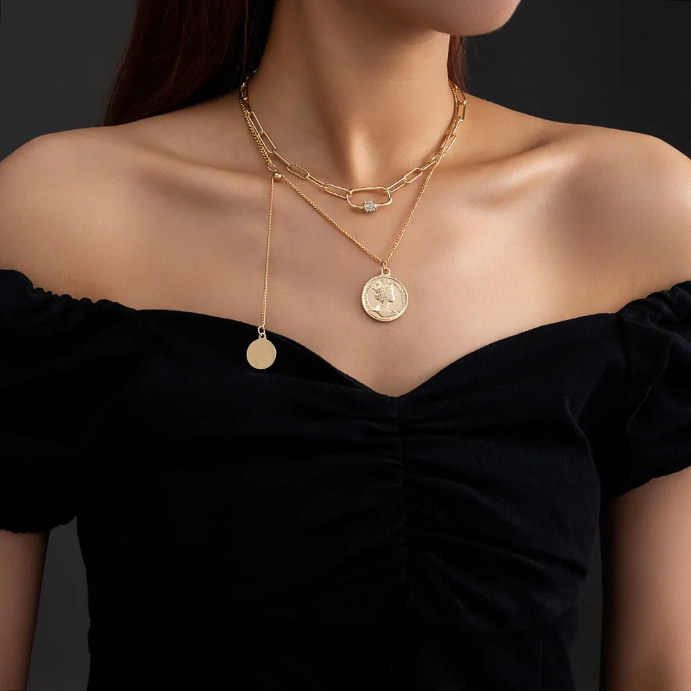 

Popular Design Metal Portrait Coin Pendant Necklace Gold Plated Multi-Layered Chain Necklaces for Women's Party Birthday Gift