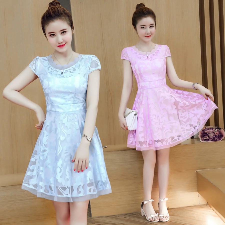 2020 корейские однотонные мини-платья стандарта 3XL летние винтажные кружевные