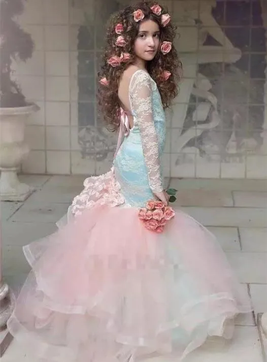 Gorgeous Pink Flower Girls Dresses Lace Long Sleeves Tired Tulle Mermaid Pageant Gowns for Little Girl Children | Свадьбы и