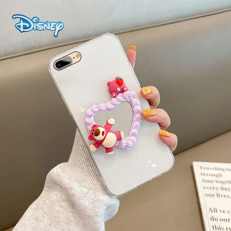 

Disney Lotso Duck Cartoon Mobile Phone Case with Makeup mirror for iPhone 13 13pro 13mini 13pro max Plus Cute Cellphone Shell