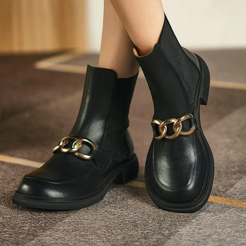 

Metal Decoration Women Ankle Boots Genuine Leather Punk rouned Toe Thick low Heels boots For Women Working Basic Shoes Woman