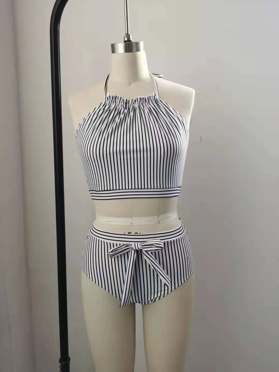 

ISHOWTIENDA Swimsuit Push Up New High Collar Black White Striped Bikini High Waist Split Swimsuit Set Bandage