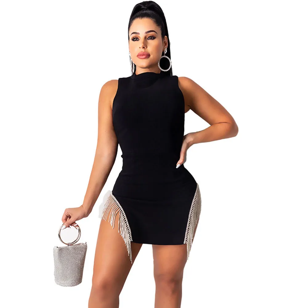 

New Fringe Tassel Bodycon Mini Dress Women Sleeveless Cut Out Black Sexy Dress Elegant Party Night Club Dresses Vestido De Festa