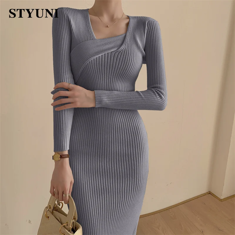 

Screw thread French elegant asymmetrical oblique shoulder tight-fitting dress 2021 new long-sleeved mid-calf dresses women