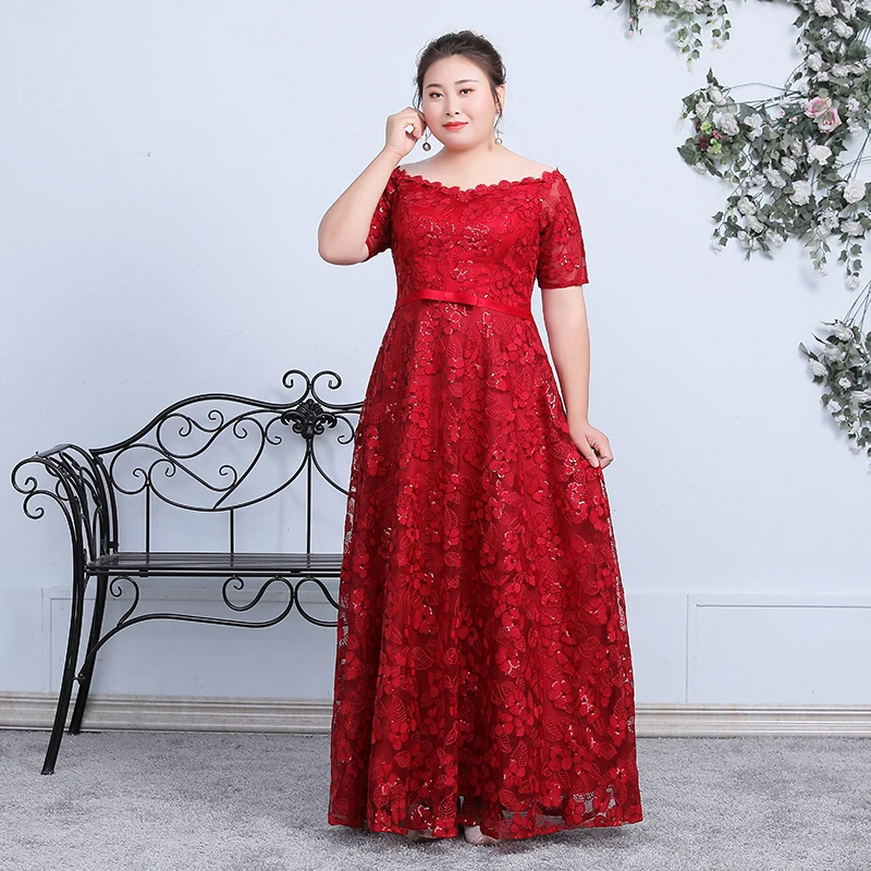 

Flowers Formal Prom Dress Red Plus Size Lace A-Line Floor-Length Regular Simple Boat Neck Women Party Gown Elegant Dresses D015