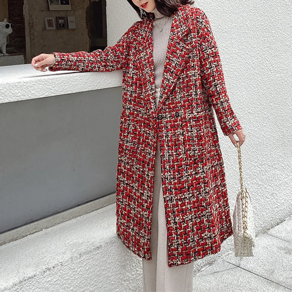 

Korean Style Houndstooth Tweed Wool Coat Winter Women Overcoat 2020 Vintage OL Elegant Woolen Coats Green Red Fashion Outwear