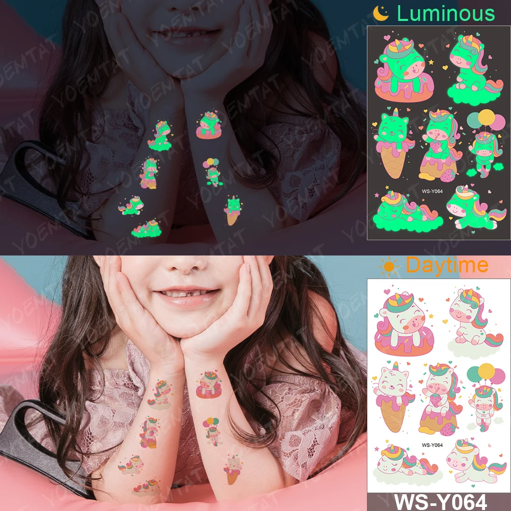 Summer New Luminous Children Cute Waterproof Temporary Tattoo Stickers Unicorn Pink Glowing Tatoo Kids Arm Flashing Fake Tatto
