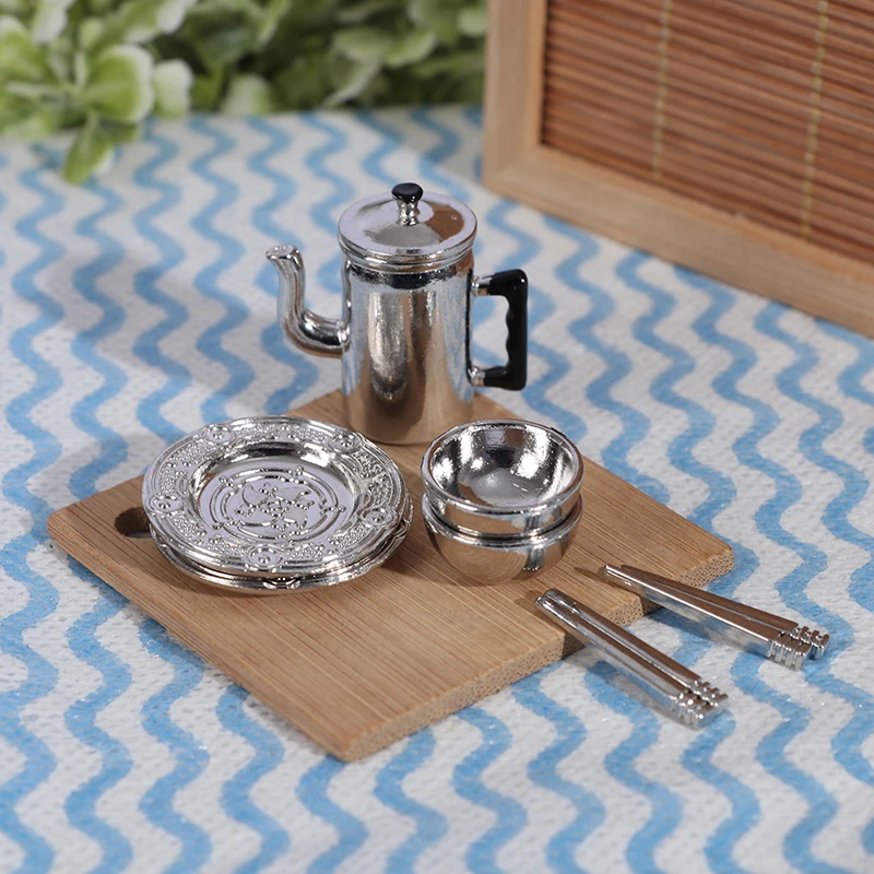 

1 Набор в масштабе 1:12, искусственный чайник для кукольного домика + 2 тарелки + 2 чаши + 2 пары палочек для еды, игрушки для ролевых игр