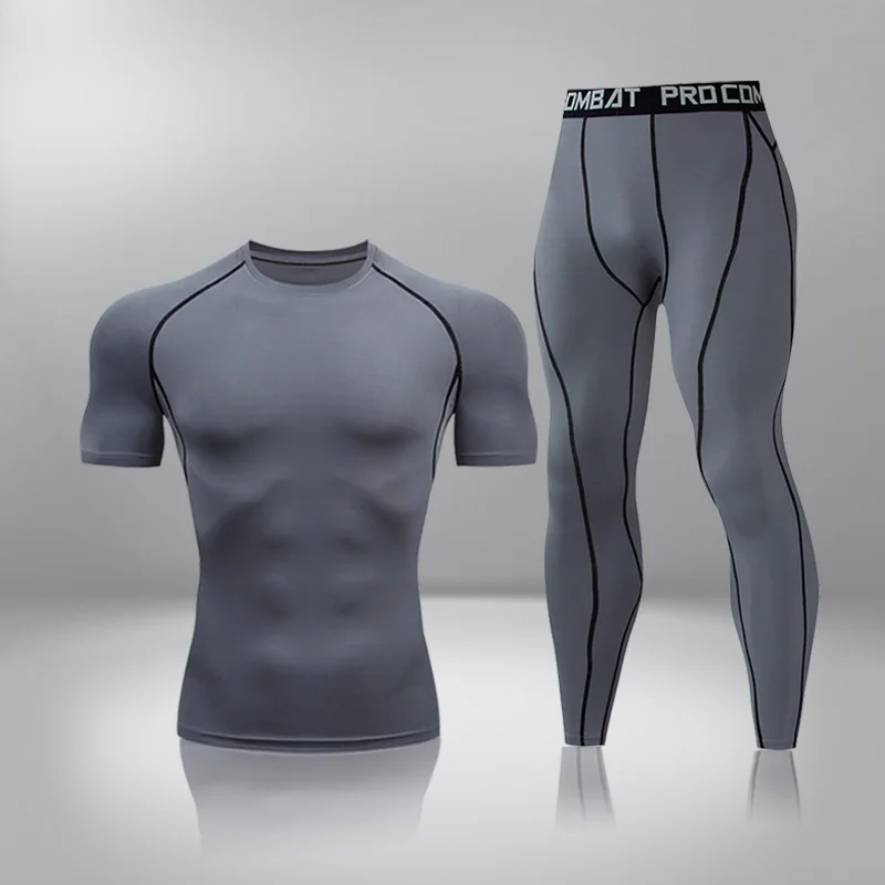 

Short Sleeve T-Shirt 2pcs / Set Tracksuit Men Sport Fitness Clothing Compression Running Jogging Sportswear Exercise Stockings