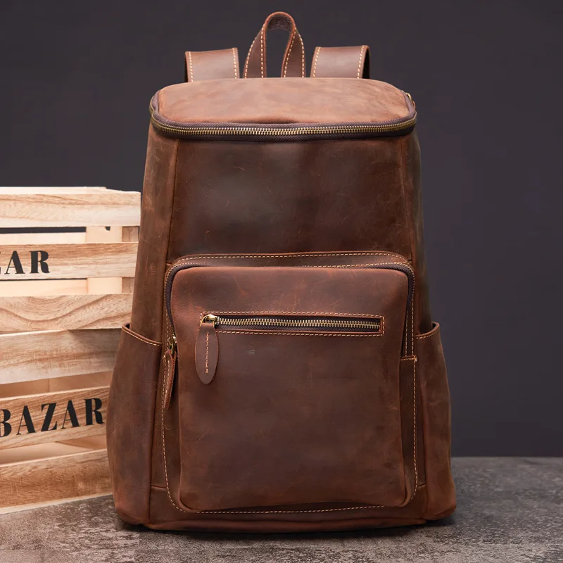 

Vintage Cowhide Backpack Bags Genuine Leather Students Schoolbag For Men Women Casual Travel Camping Hiking Backpacks 14 Inch