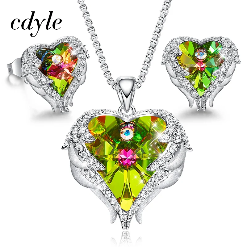 Cdyle «Крылья Ангела», в форме сердца, Цепочки и ожерелья серьги комплект свадебные женские туфли для невесты Ювелирные наборы с Одежда высшего качества с украшением в виде кристаллов 10 цветов - Окраска металла: Olive P0902M E1752J