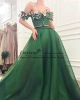 off the shoulder with colorful lace applique green prom dress elegant matte tulle evening dress vestido de formatura custom made