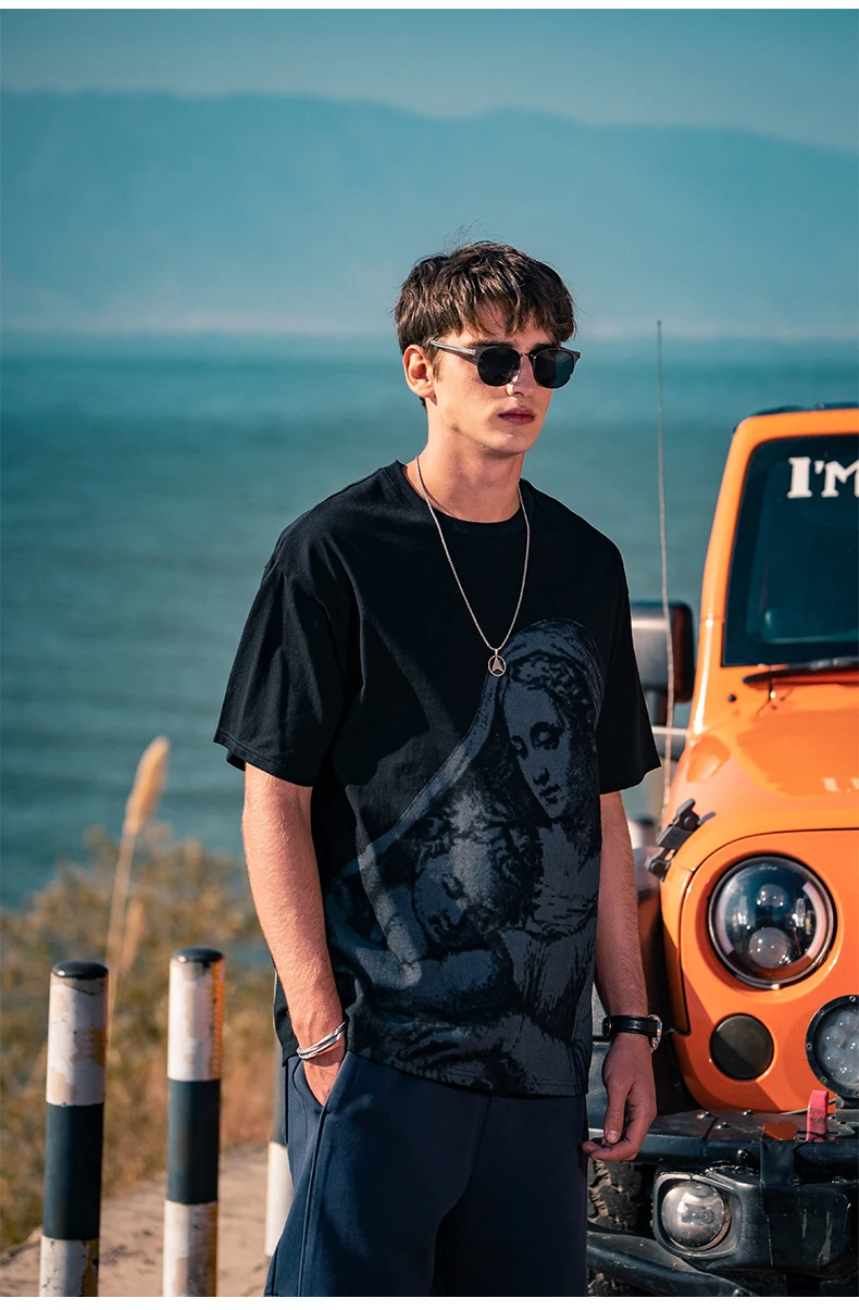 

4405 Character print short-sleeved T-shirt trend loose half-sleeved shirt youth street short-sleeved T-shirt