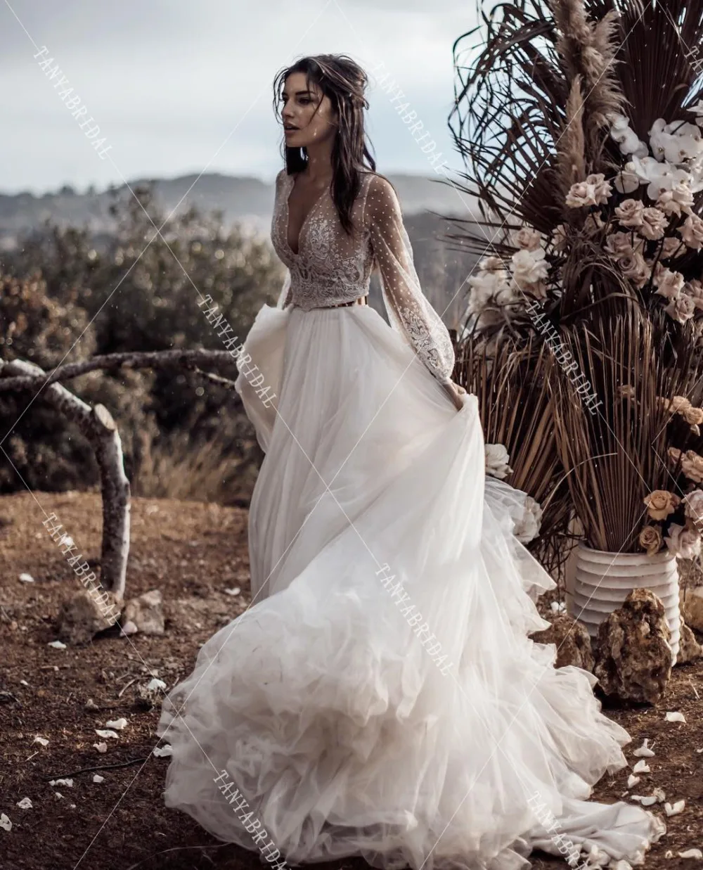 Boho Dreamy A Line Свадебные платья с длинным рукавом золотой пояс Свадебные платья Robe de soriee Maxi Noivas DW187