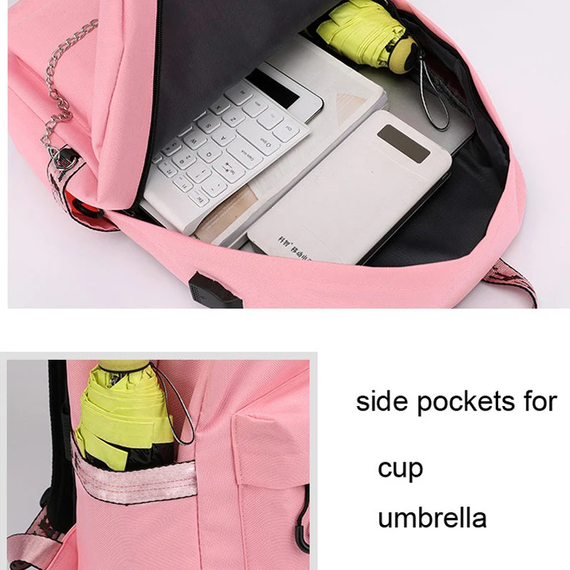 

Winmax Luminous USB Charge Women Backpack Fashion Letters Print School Bag Teenager Girls Ribbons Backpack Mochila Sac A Dos