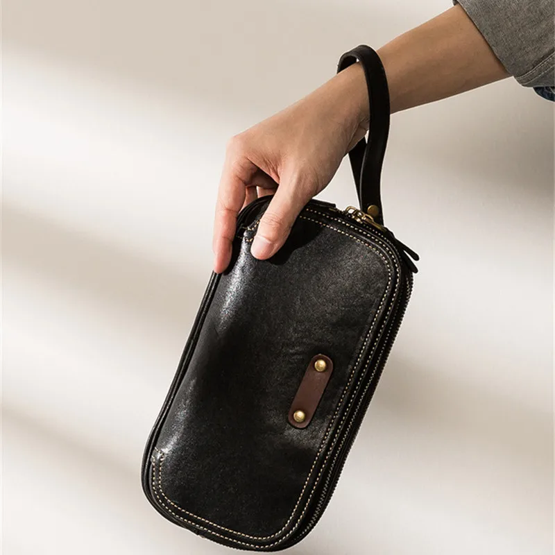 Simple casual designer natural genuine leather men's black clutch everyday outdoor mobile phone storage shoulder messenger bag