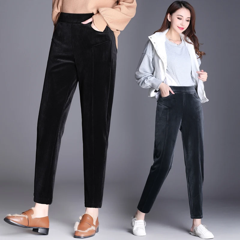 Женские вельветовые шаровары с высокой талией зимние теплые флисовые толстые