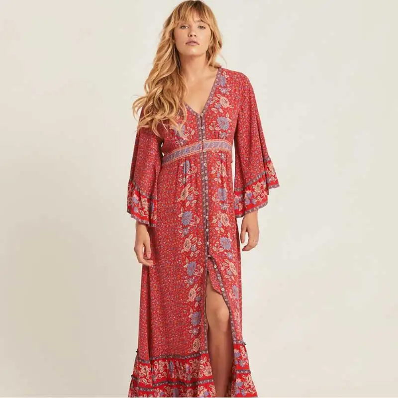 Boho платье Птицы Цветочный Принт летние платья Империя талии кисточки связали v-образным вырезом chic vestido оборками рукав длинное платье для женщин