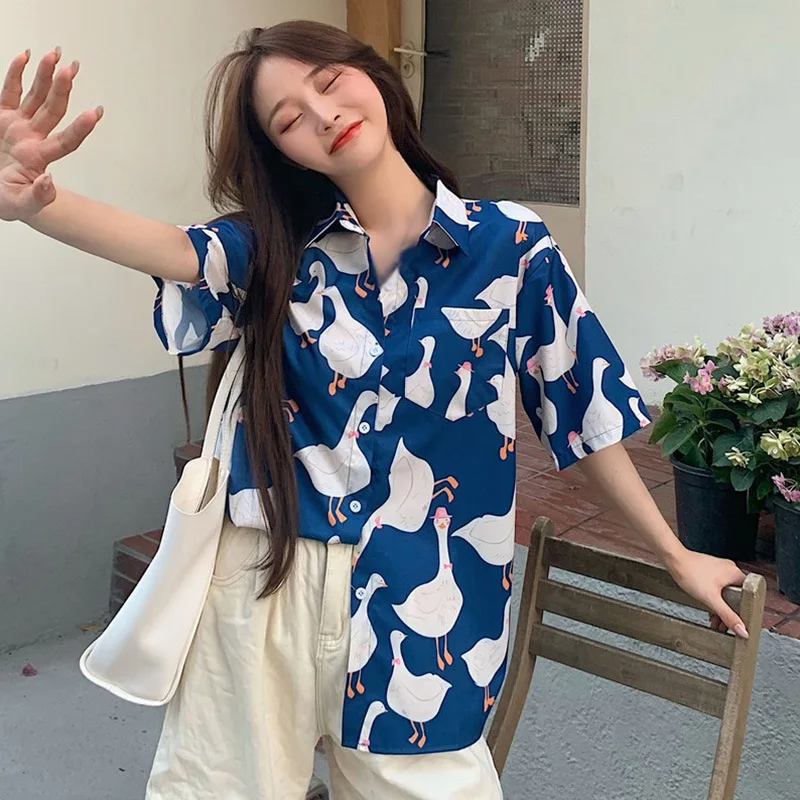 

Women Duck Print Loose Blouse Casual Short Sleeve Shirt Summer Chiffon Blouses Tops