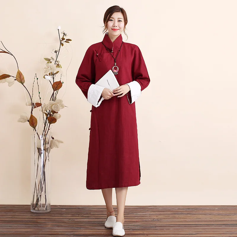 

New ethnic Women's Literature and Art gown Vintage Linen Solid Color Xie Jin Cloth gown Female Chinese Style ethnic kung Fu