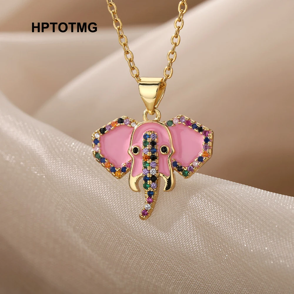

Goth Cute Elephant Pendant Necklace for Women Vintage Pink Dripping Oil Charm Choker Chain Necklace Jewelry Christmas Gifts