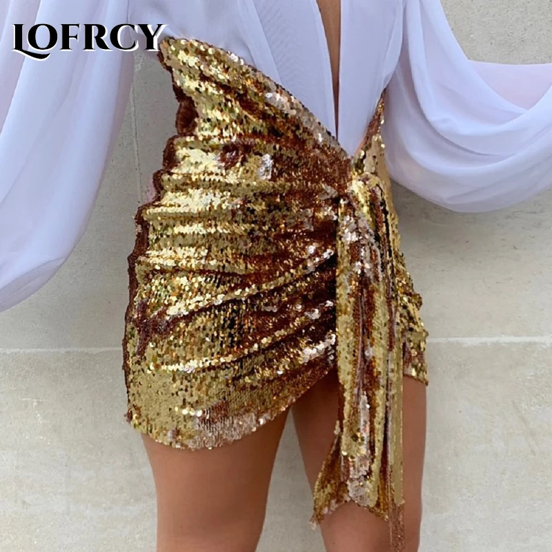 Женская юбка с блестками Lofrcy золотистая блестящая короткая облегающая высокой