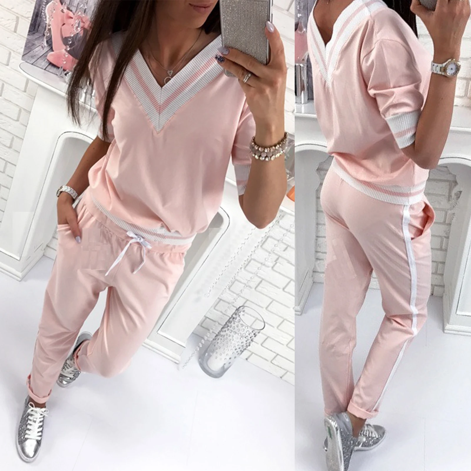 

2Pcs Womens Sports Tracksuits Set Sportswear Fashion V Neck Top Pants Suit Solid Loungewear Sweatshirt Running Casual Wear
