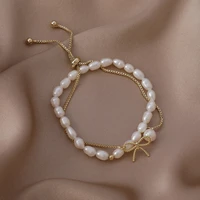 xiaoboacc 2pcs set bow bracelet for women korean fashion double layer freshwater pearl wrist bracelet gift jewelry accessories