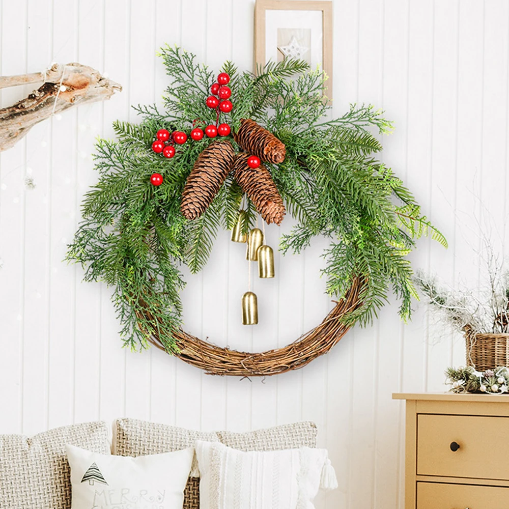 

40cm Christmas Pine Cones Bells Rattan Garlands Christmas Door Hanging Rustic Garlands Christmas Decorations 2021 Holiday Wreath