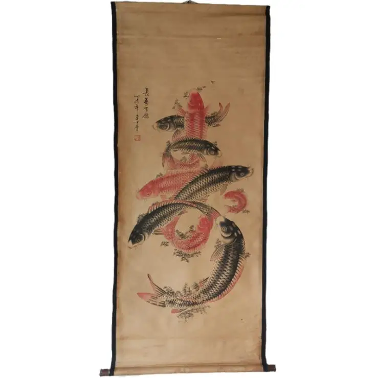 

China Ancient Picture Antique Old Collections Carp Pattern Ongevity And Health