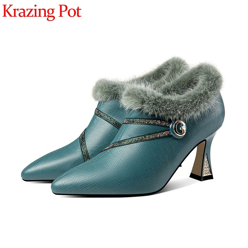 

Krazing Pot large size 43 cow leather catwalk winter mink fur pointed toe rhinestone button high heels handmade ankle boots l52