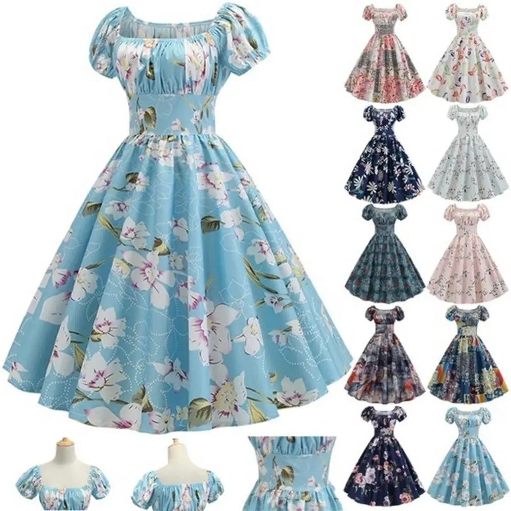 Женское винтажное платье миди с коротким рукавом и цветочным принтом|Женские