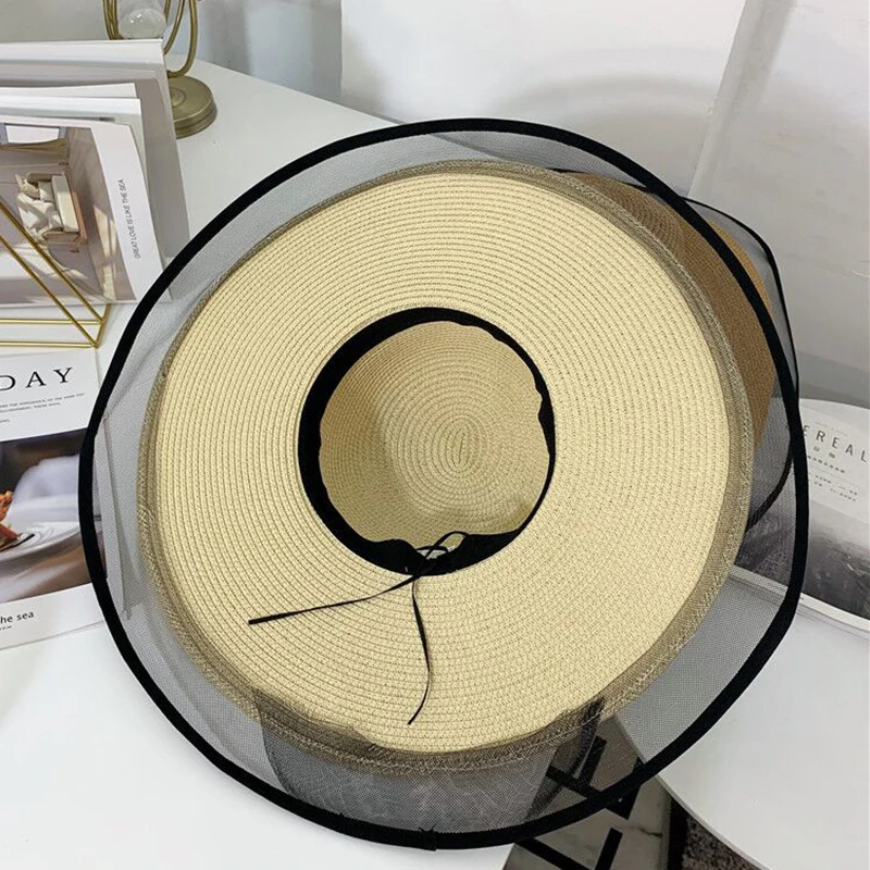 

New Sun Hats for Women Girls Wide Brim Floppy Straw Hat Summer Bohemia Beach Cap Ribbon Chapeau Black