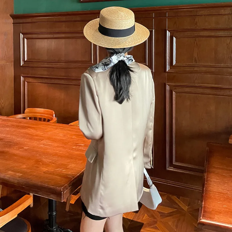 

SHENGPALAE Temperament Blazer Women's Spring Autumn 2021 New Notched Loose Single Button Glossiness Long Sleeve Suit Coat 5E1056