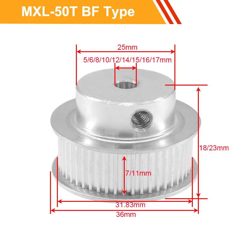 

MXL 50T Tooth Belt Pulley 7mm/11mm Belt Width MXL Type Synchronous Pulley Wheel 6/8/10/12/14/15/17mm Bore Gear Pulley