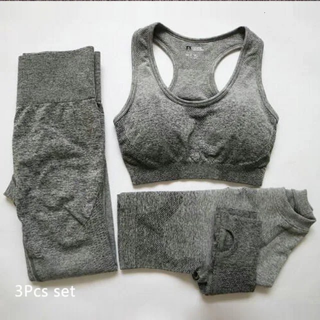 Gray 3pcs set 3 шт., бесшовный комплект для йоги с эффектом омбре, женская одежда для тренировок, спортивный бюстгальтер, топы с длинными рукавами, леггинсы, набор для бега, фитнеса, спортзала, женская спортивная одежда - Цвет: Gray 3pcs set