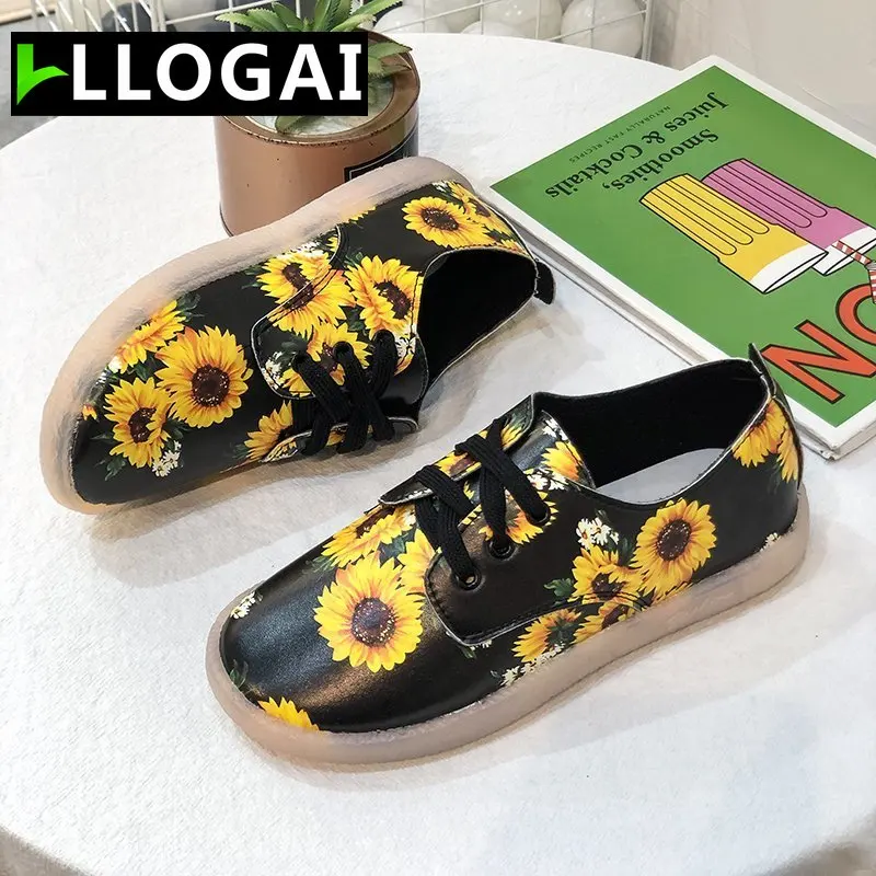 

Breathable Sneaker Flowers Sunflower Printing Women Sneakers Brand Design Unisex Lace Up Flats Shoes Woman Flat Heel Casual Shoe