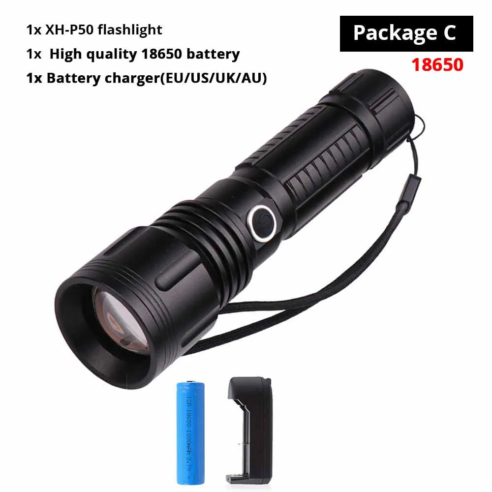 18650-Package C Мощный светодиодный фонарь XHP 50 с ламповыми бусинами, 5 режимов освещения, масштабируемый водонепроницаемый фонарь, дальность освещения больше 300 м - Испускаемый цвет: 18650-Package C