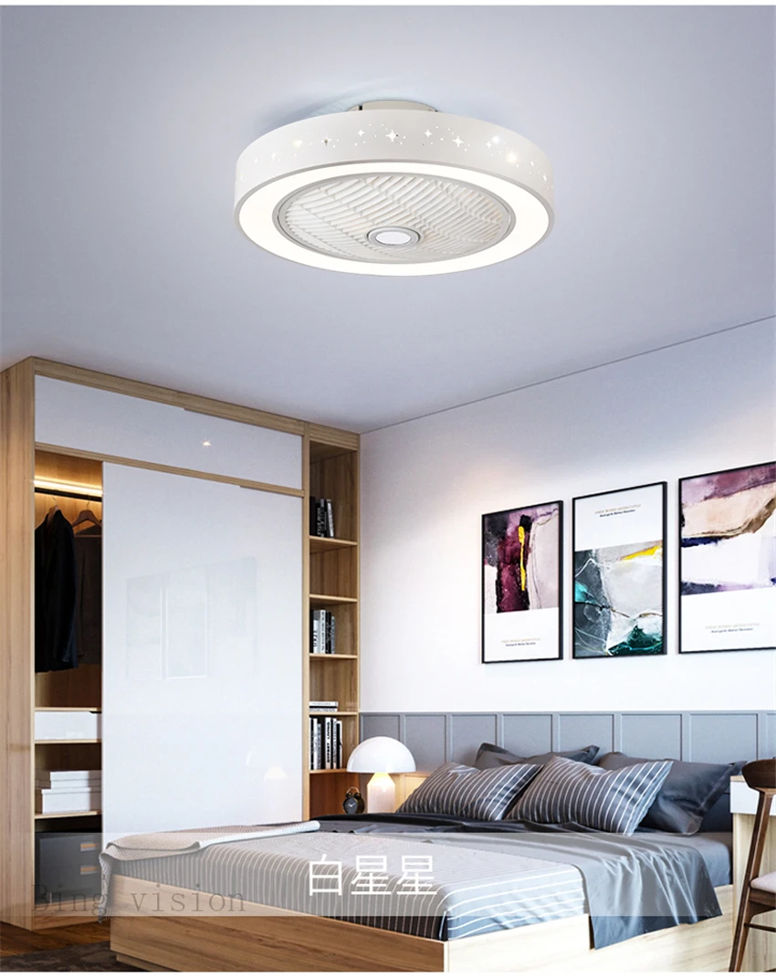 Ventilador con lámpara de techo de hierro para el hogar, de hierro pintada en blanco, con ventilador regulable centrado, cristal claro decorativo en acrílico, iluminación LED para dormitorio