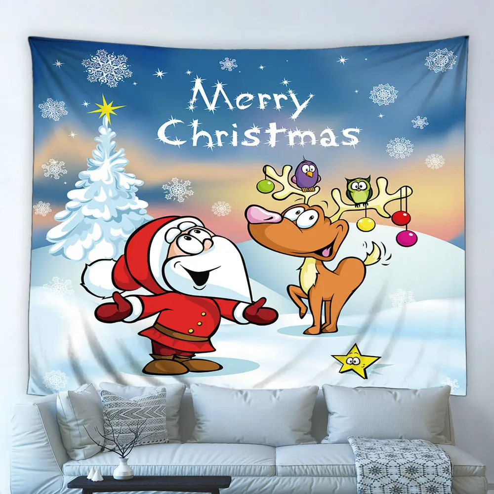 

Cartoon Merry Christmas Tapestry Santa Claus Elk Snowman Xmas Tree Wall Hanging Cloth Kid Bedroom Blanket Tablecloth Home Decor