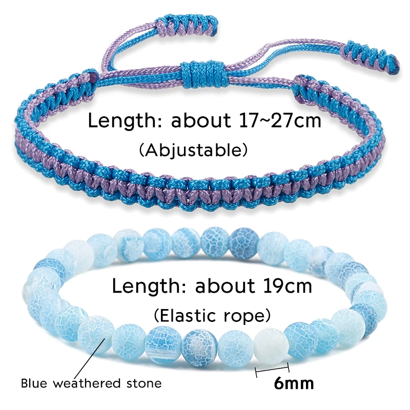 

2Pcs/Set Women Thread Rope Bracelet Natural Multicolor 6mm Weathered Stone Charm Beads Bangle Men Jewelry Gift for Couple Friend