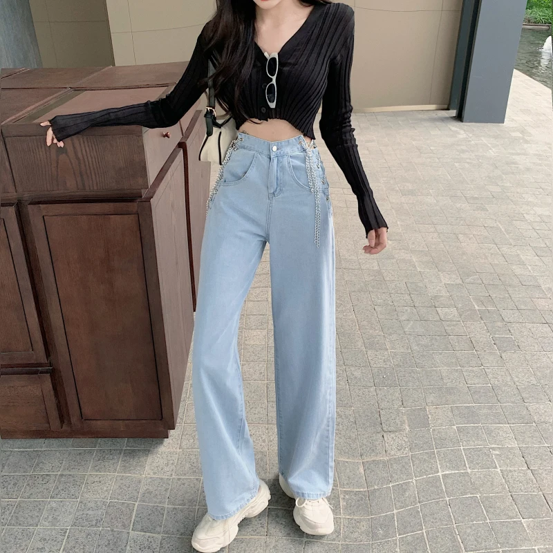 

Side Cross Chain Hollow Out JeansÂ Women 2021 High Waist Straight Wide Solid Leg Long Pants Denim Washed Vintage Trousers Sexy